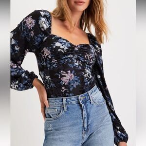 Lulus Divine Radiance Blk Floral Burnout Velvet Long Sleeve Bodysuit S NWT in pg